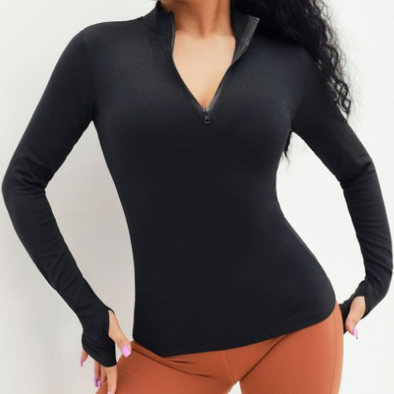 Wake Up Reset Long Sleeve Fitness Top with Thumb Holes & Font Zipper